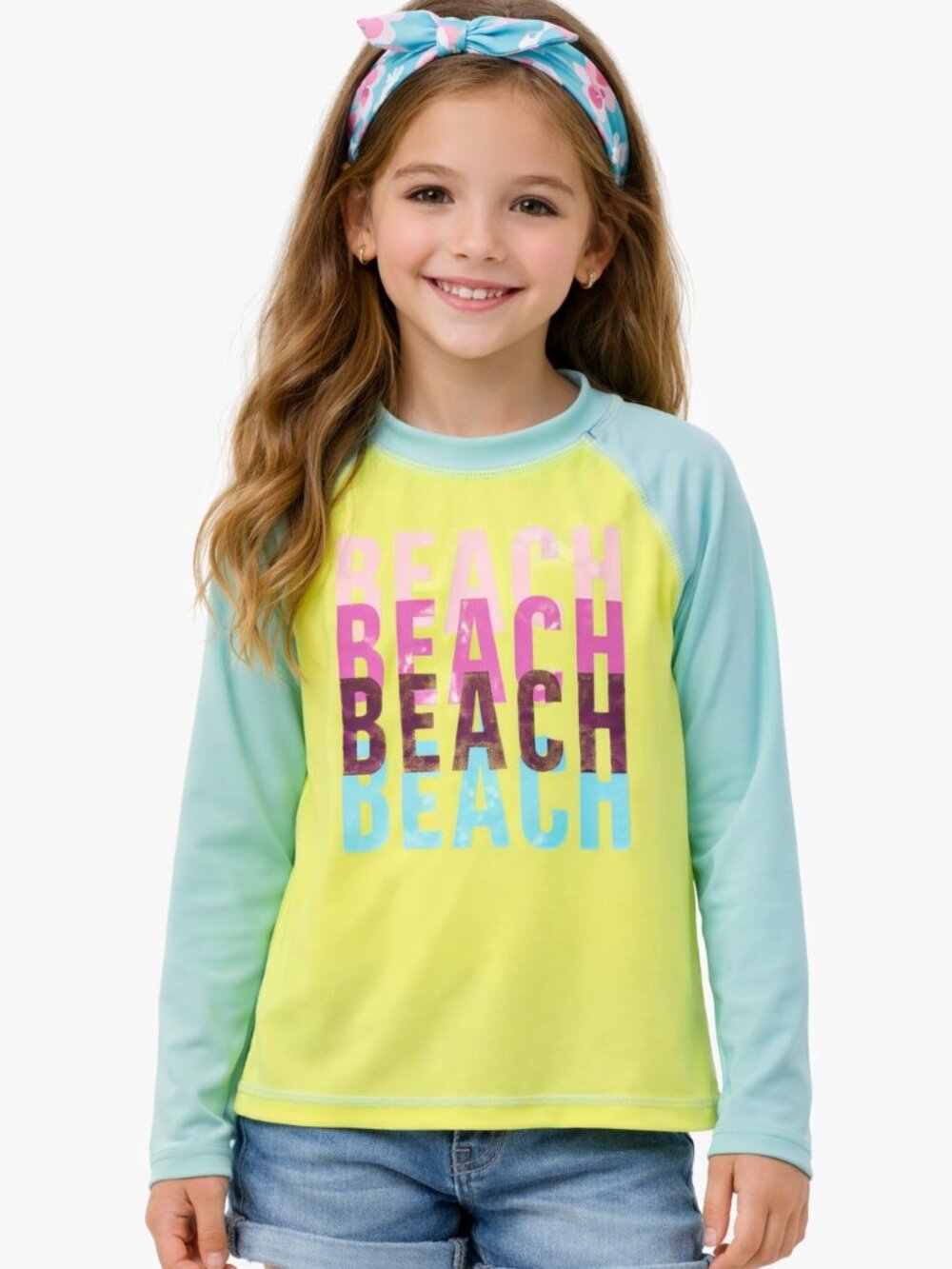 Saint Eve Girls Rash Guard Swim Tee Aqua Yellow Green Size Small 6–6X